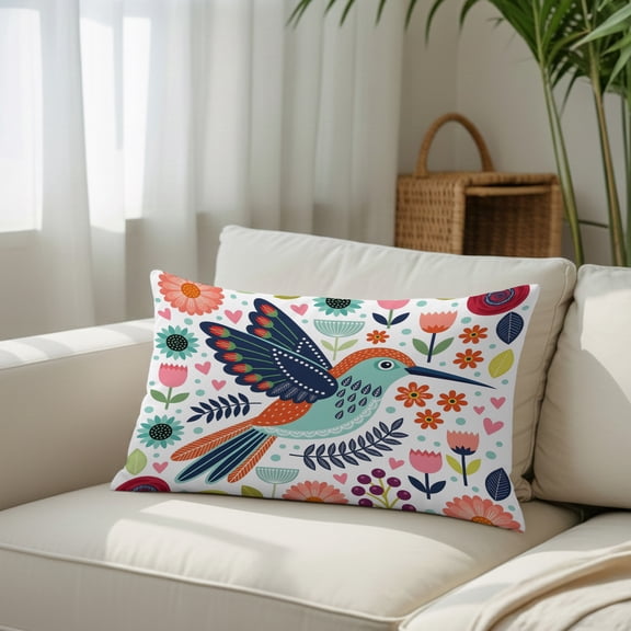 Green Birds Throw Pillow Covers, Nordic Style Folk Art Red Pink Tulips Daisy Flower Leaf Decorative Lumbar Throw Pillowcase Cushion Cover with Smooth Hidden Zipper for Bedroom Sofa 12 x 20 Inches