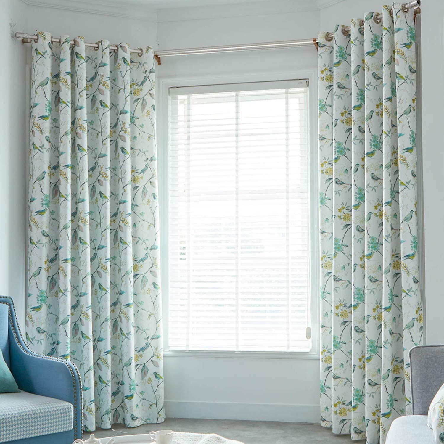 Green Birds and Flower Printed Linen Curtains, Blackout Window Panels for Bedroom, One Panel, W52xL96, Grommet
