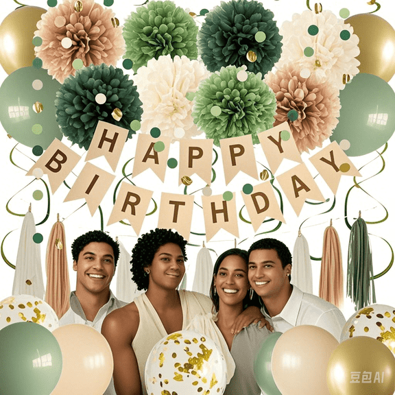 Green Birthday Party Decorations for Women Girls with Happy Birthday Banner,Tissue Paper Pompoms, Paper Tassel,Circle Garland,Hanging Swirl,Birthday Balloons for Party Decor (sage green)