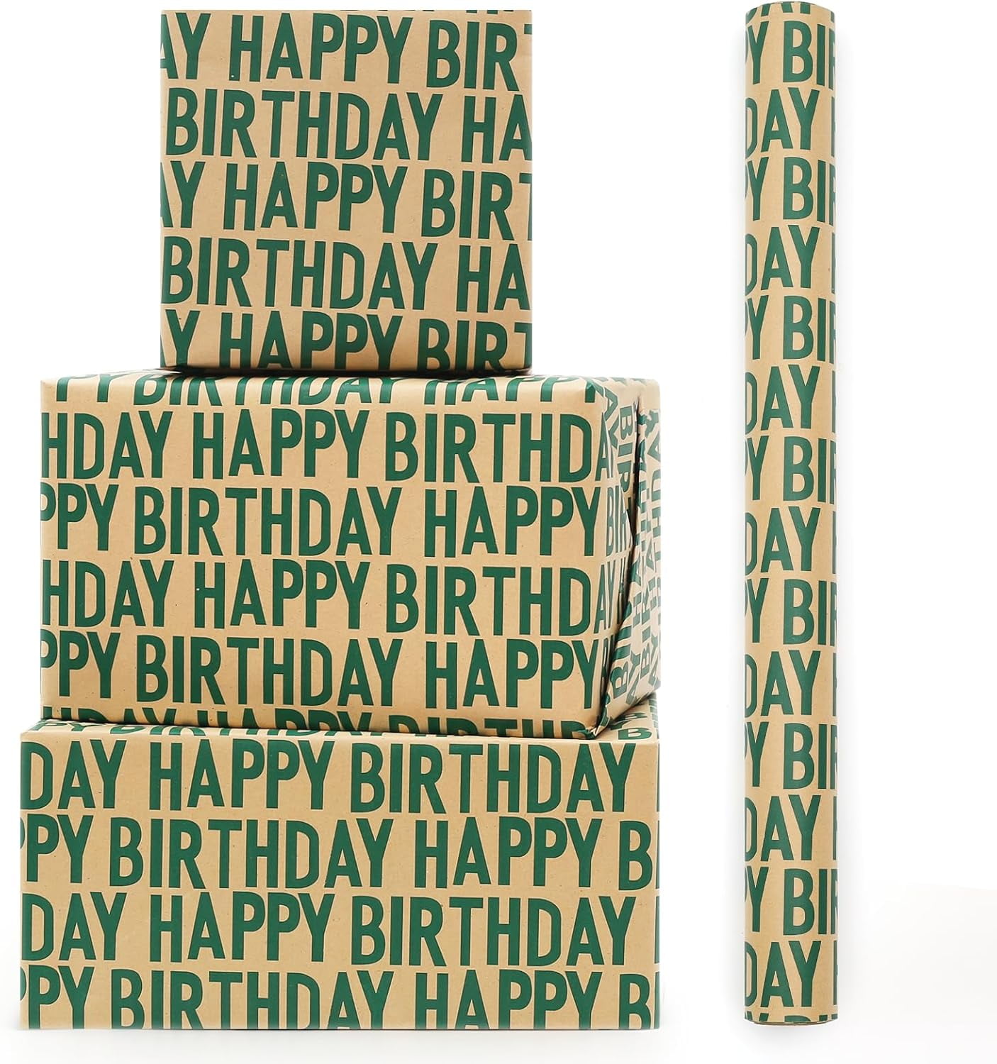 Green Birthday Wrapping Paper, Minimal Emerald Greens Large Happy Birthday Repeating Script Wrapping Paper - 1 Mini Roll 17Inch x10 ft Per Roll - Green Kraft Gift Wrap for Birthdays Party