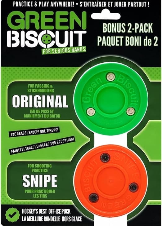 Green Biscuit Hockey Puck 2-Pack, Original, Off Ice Hockey Puck/Snipe, Shooting Street Hockey Puck