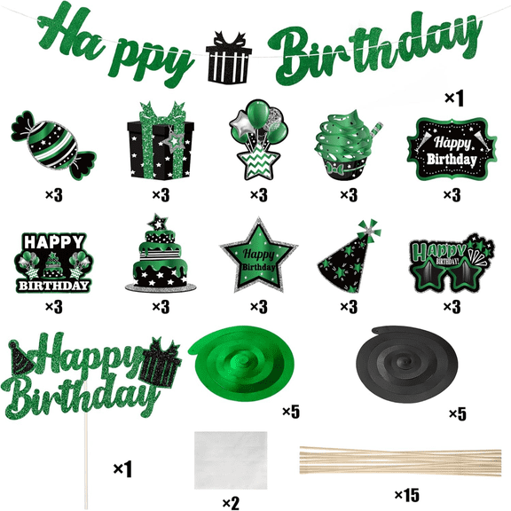 Green Black Birthday Party Decoration,with Wall Hanging Swirl Banner Cake Topper,42Pieces