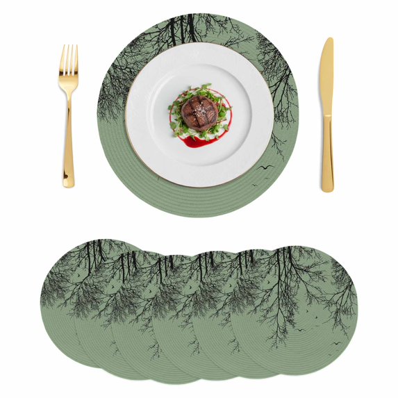 Green Black Branches Round 15 Inch Placemats Set of 6, Botanical Dead Tree Birds HeatResistant Non Slip Place Mats for Dining Table, Wipeable Braided Kitchen Table Mats for Housewarming