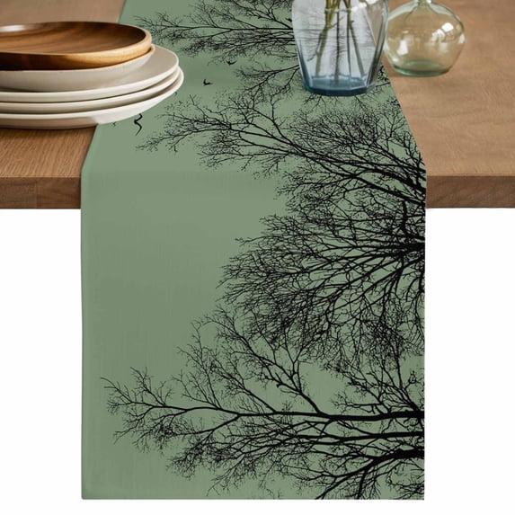 Green Black Branches Table Runner 70 Inches, Botanical Dead Tree Birds Bed Runner Dresser Scarves Tabletop for Indoor Outdoor Parties/Ceremony/Banquet, 13" x 70"