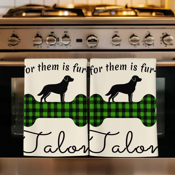 Green Black Buffalo Checkered Kitchen Towels Set of 1, Bones Cute Dogs Pets Absorbent Dish Towels for Kitchen, Microfiber Hand Towel, Quick Drying Tea Towel for Cleaning Decorative Dishcloths