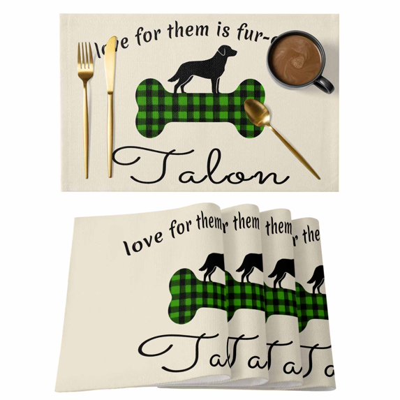 Green Black Buffalo Checkered Placemats Set of 6, Bones Cute Dogs Pets Placemats for Dining Table, Place Mats for Kitchen Tabletop, Waterproof Wipeable Dining Table Mats Set