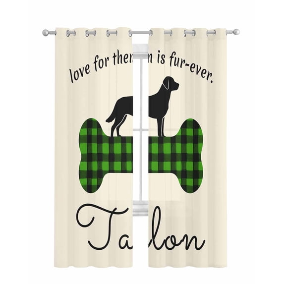Green Black Buffalo Checkered Sheer Curtains 84 Inch Length 2 Panels Set for Living Room/Bedroom, Bones Cute Dogs Pets Kitchen Curtains Grommet Semi-Sheer Curtains Drapes Window Treatments 42"x84"x2