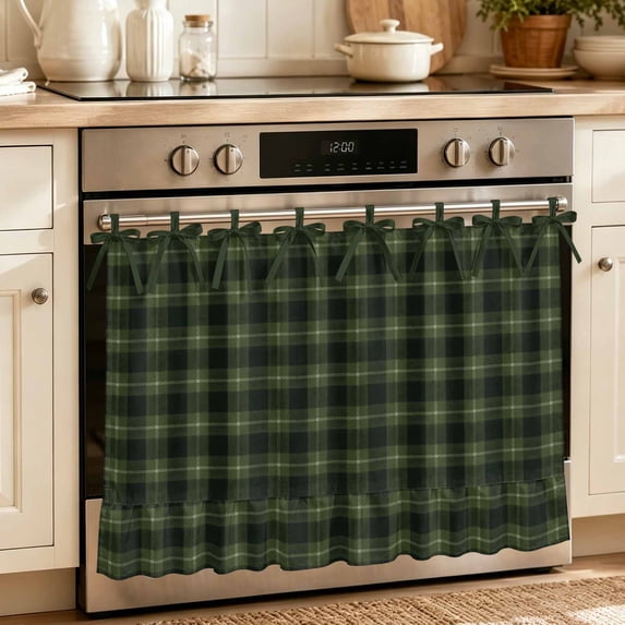 Green Black Buffalo Plaid Oven Skirt for Farmhouse Kitchen Décor, Geometric Classic Checkered Oven Curtain Tie Top Decorative Stove Skirt, Cabinet Dish Washer Curtains with 8 Ribbon Ties 30"x21.5"