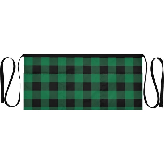 Green Black Buffalo Plaid Server Waist Apron, 3 Pockets Half Apron with Plaid Pattern for Christmas, Farmhouse Kitchen & Restaurant Use