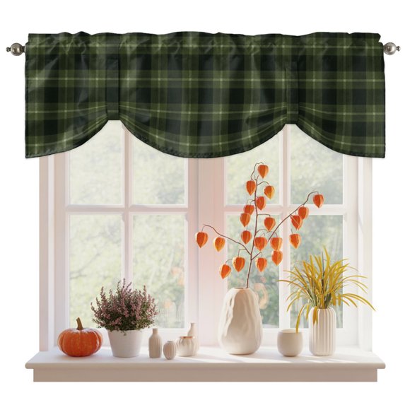 Green Black Buffalo Plaid Tie Up Valance Curtains for Windows, Kitchen Curtains Window Treatments, Geometric Classic Checkered Short Window Shades Valances for Bedroom Bathroom Cafe 42"x18"