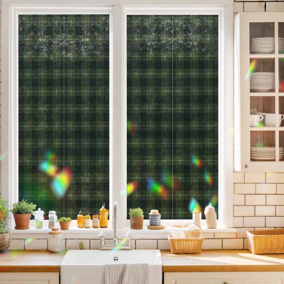 Green Black Buffalo Plaid Window Privacy Film Country Rustic Classic Farmhouse Checkered Static Cling Stained Glass Window Film Non-Adhesive Decorative Decals Rainbow Sticker 17.7"X39.3"