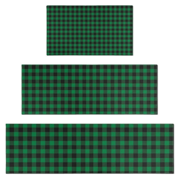 Green Black Checkerboard Checkered Pattern Kitchen Rugs Sets Of 3,Kitchen Runner Rugs Non Skid Washable,Decorative Kitchen Floor Mats for Kitchen,Sink,Laundry,17"x30"+ 17"x47" + 17"x59"