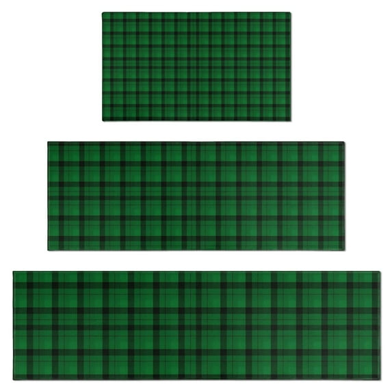 Green Black Checkerboard Checkered Pattern Kitchen Rugs Sets Of 3,Kitchen Runner Rugs Non Skid Washable,Decorative Kitchen Floor Mats for Kitchen,Sink,Laundry,17"x30"+ 17"x47" + 17"x59"