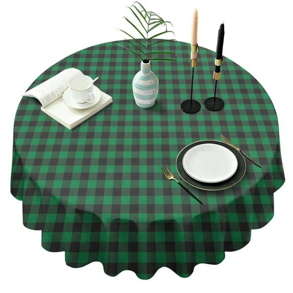Green Black Checkerboard Checkered Pattern Round Tablecloth 60"x60",Wrinkle Wipeable Table Cloth for Kitchen Dining Room Picnic Patio Party