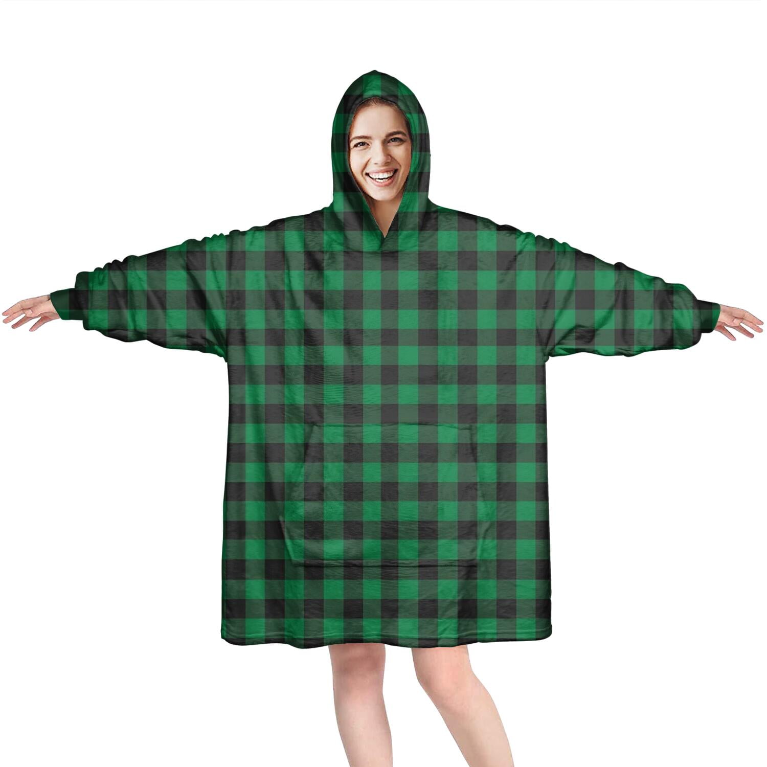 Green Black Checkerboard Checkered Pattern Wearable Oversized Blanket,Wearable Blanket Hoodie for Adults,Cozy Hooded Blankets with Super Pockets,Super Warm Fuzzy Pullover for Women & Men