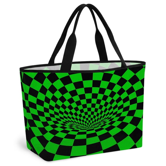 Green Black Checkered Beach Bag for Women, Large Breathable Mesh Beach Tote Bag, Modern Abstract Art Sandproof Lightweight Travel Bags for Vacation Picnic Swimming Pool 15.7"x15.7"x9.1"