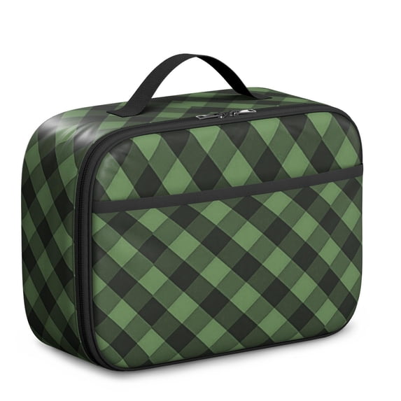 Green and Black Checkered Pattern Insulated Lunch Bag Teens,Bento School Lunch Bag for Teens for Work,Picnic or Travel 10.6x7.7x4.3 Inches,12 Can Capacity