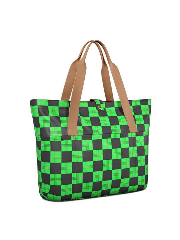 Green and Black Checkered Pattern Large Tote Bag for Women, Polyester Roomy Work Tote with Pockets and Zipper, Water Resistant Gifts Ideas for Work School Gym