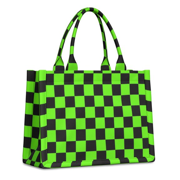 Green and Black Checkered Pattern Tote Bag, Travel Tote Purse with Interior Pockets & Top Handle, Smooth Zipper Gifts for Work Shopping Travel,15.7 X 5.1 X 13 Inches