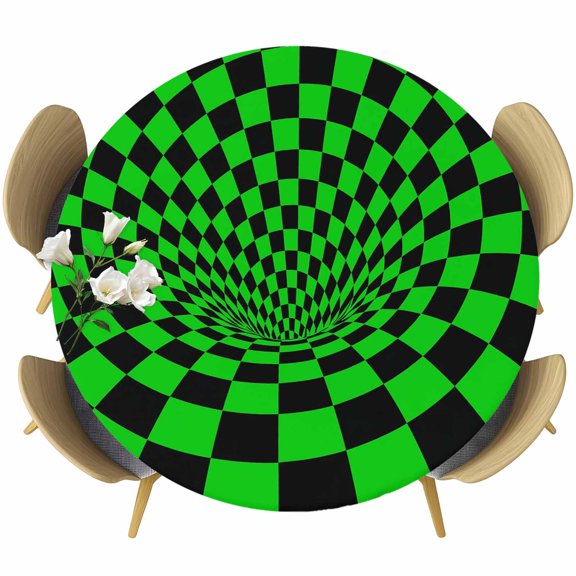 Green Black Checkered Round Tablecloth 36-44 Inch Round Fitted Table Cloth with Elastic Edge, Modern Abstract Art Waterproof Table Cover Protector for Outdoor Picnic Party Dining