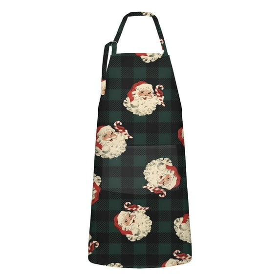 Green and Black Christmas Plaid Santa Apron-Garden Aprons for Women with Pockets-Cotton Linen Waterproof Kitchen Cooking Gardening Aprons Adjustable for Kitchen,Cooking,BBQ and Salon 32"x27"