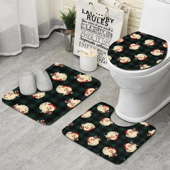 Green and Black Christmas Plaid Santa Pattern Bathroom Rugs Sets 3 Piece,Toilet Cover Set,Absorbent Non Slip Bathroom Mats Sets with U-Shaped Contour Rug Toilet Rug Set