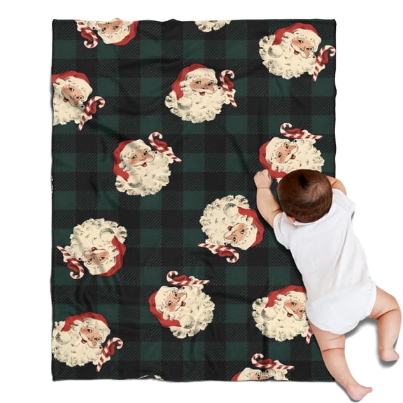 Green and Black Christmas Plaid Santa Pattern Blanket,Comfortable Soft Flannel Throw Blanket,All Season,Warm Lightweight Blankets for Sofa Bed Couch Living Room Chair,30"x40"