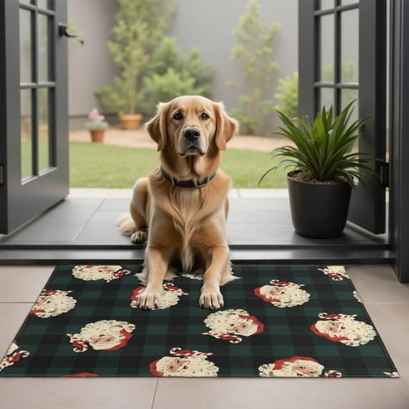 Green and Black Christmas Plaid Santa Pattern Door Rugs,Washable Non Slip Door Mats Indoor,Decorative Door Mats,Entry Mat Indoor for Entrance,Bedroom,Kitchen,Bathroom,20"x32"