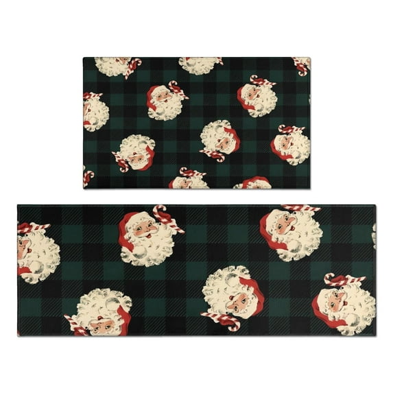 Green and Black Christmas Plaid Santa Pattern Kitchen Rugs Sets Of 2,Anti Fatigue Kitchen Mat Rugs Non Slip Washable,Decorative Kitchen Floor Mats for Kitchen,Sink,Laundry,17"x30"+17"x47"
