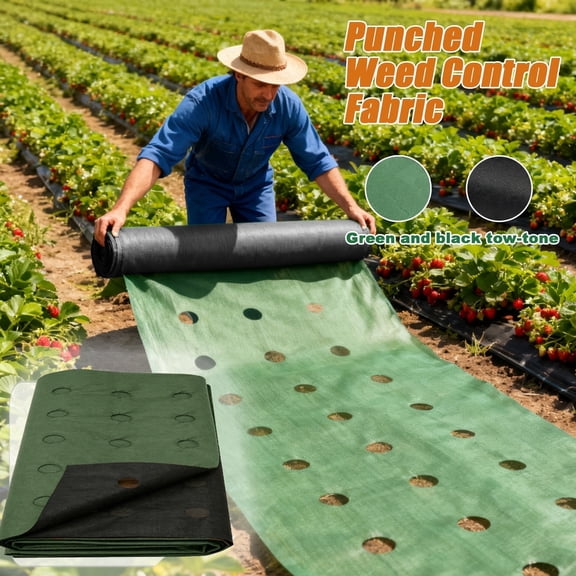 Nunalo Green & Black Double-Layer PP Garden Weed Barrier Fabric, Pre-Punched 3.15" Holes, 2.6X20FT