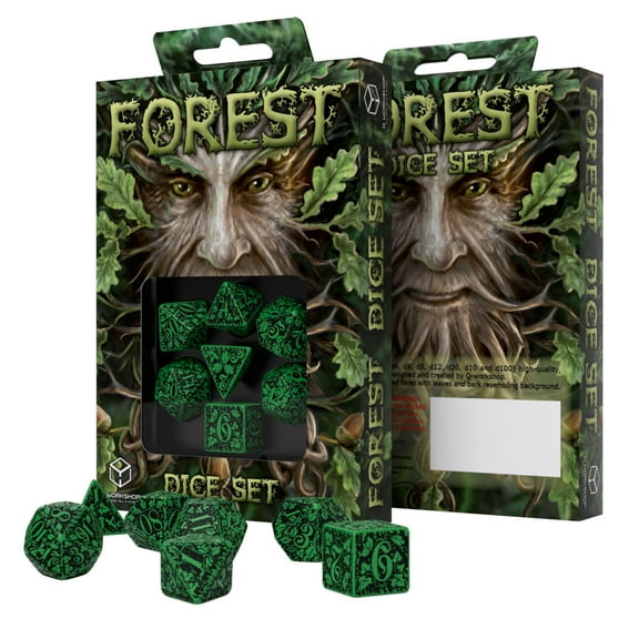 Green & Black Forest 3D Dice Set (7) Box