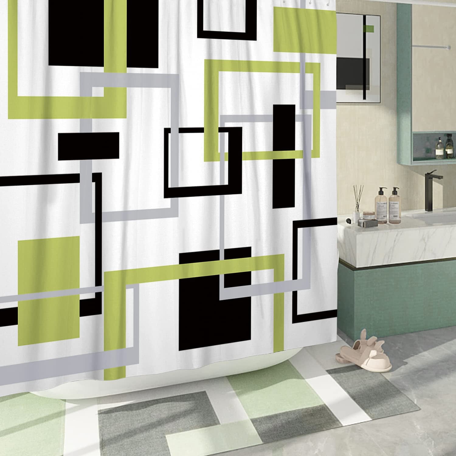 Green Black Geometric Shower Curtain Set Neutral Abstract Shower Curtains for Bathroom Modern Bathroom Decor Polyester Fabric-72" x 72"