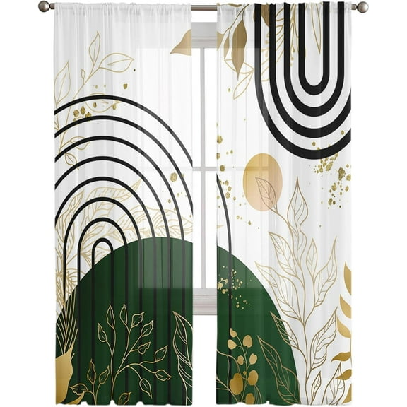 Green Black Gold Boho Sheer Curtain 63 Inch Length 2 Panels Abstract Green Gold Leaves Plant Modern Window Curtain Mid Century Gold Green Geometric Sheer Voile Curtains Rod Pocket for Living Room