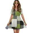 thumbnail image 1 of Green Black Grey Abstract Women Dress V-Neck Short Sleeve Flowy Swing Party Midi Dress, 1 of 4