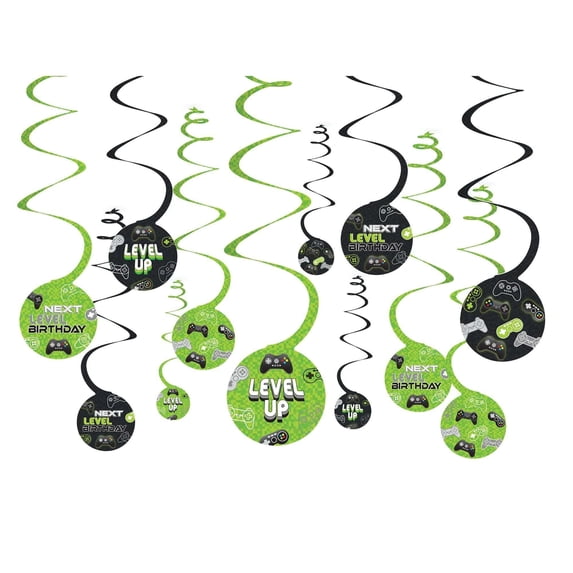 Green & Black Level Up Spiral Hanging Decorations (12 Pcs) - Cardstock Swirls - Ideal for Kids Parties & Birthdays
