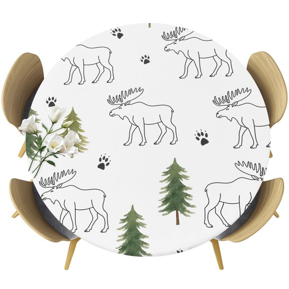 Green Black Moose Round Tablecloth 36-44 Inch Round Fitted Table Cloth with Elastic Edge, Checkered Vintage Art Animals Trees Waterproof Table Cover Protector for Outdoor Picnic Party Dining