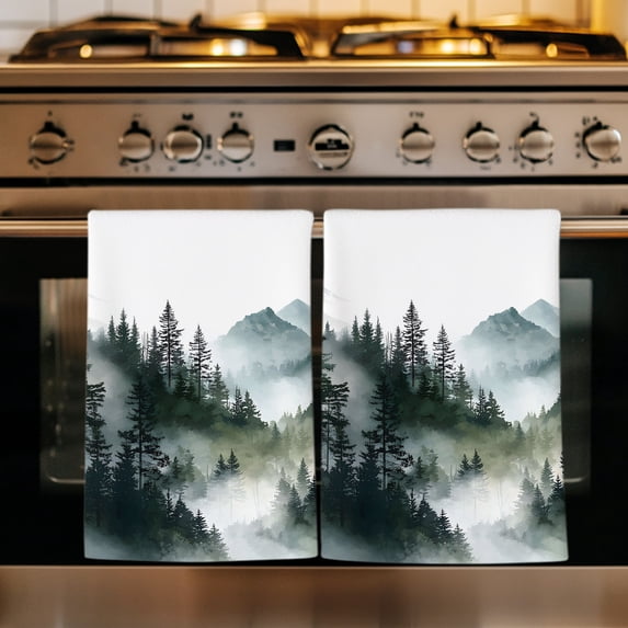 Green Black Mountain Kitchen Towels Set of 1, Forest Pine Trees Abstract Art Absorbent Dish Towels for Kitchen, Microfiber Hand Towel, Quick Drying Tea Towel for Cleaning Decorative Dishcloths