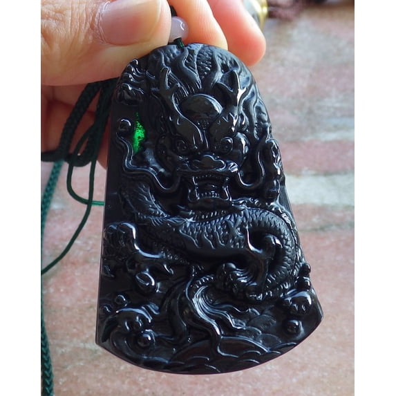 Green Black Natural A Jade jadeite Pendant Dragon Bead Necklace 590282 TN