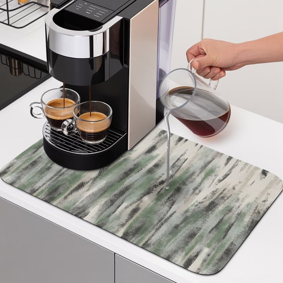 Green Black Nostalgia Pencil Touches Dish Drying Mats for Kitchen Counter, Gradient Lines Overlay Absorbent Coffee Bar Mat with Non-slip Rubber Backed Quick Drying Dish Rack Pad 12"x16"