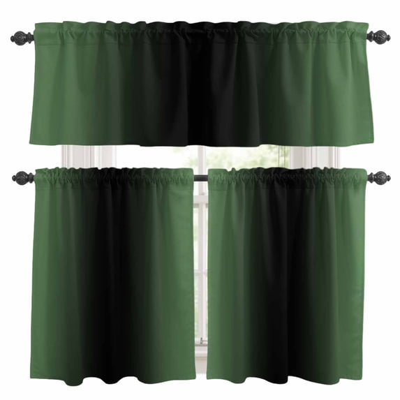 Green Black Ombre Kitchen Curtains Sets for Windows 24 Inch Length, Modern Gradient Abstract Art Rod Pocket Window Treatments Tier Curtains and Valances Set for Bedroom/Bathroom