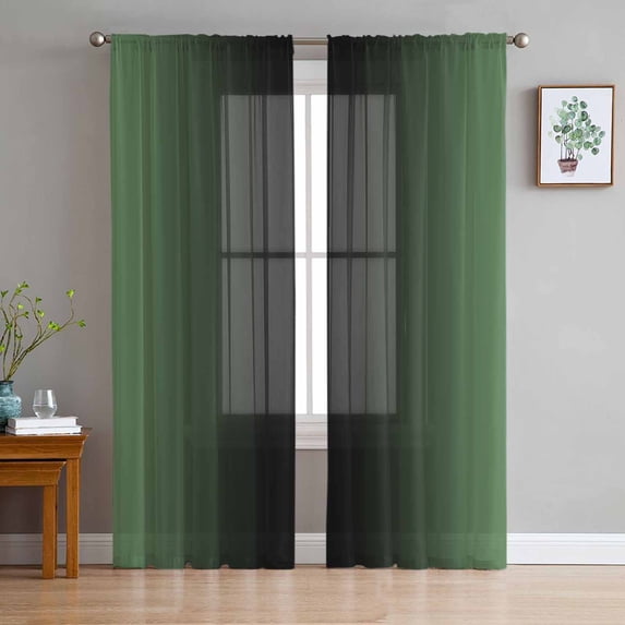 Green Black Ombre Semi Sheer Curtains 63 Inch Length 2 Panels Set, Modern Gradient Abstract Art Sheer Kitchen Curtain Privacy Voile Window Curtain for Living Room Bedroom Rod Pocket Drapes