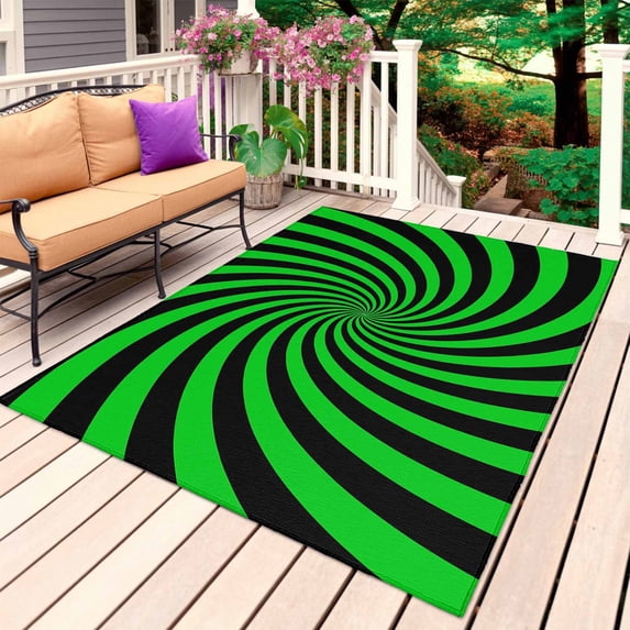 Green Black Outdoor Rug for Patio/Deck/Porch, Non-Slip Large Area Rug 3 x 5 Ft, Farmhouse Striped Spiral Vortex Abstract Indoor Outdoor Rugs Washable Area Rugs, Reversible Camping Rug Carpet Runner