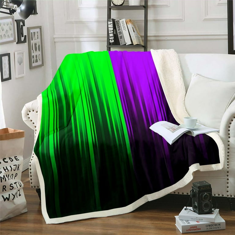 Green Black Purple Blanket Stripes Lines Abstract Gradient Throw Blanket for Kids Vintage Ombre Art Striped Geometry Fleece Blanket Modern Stripe
