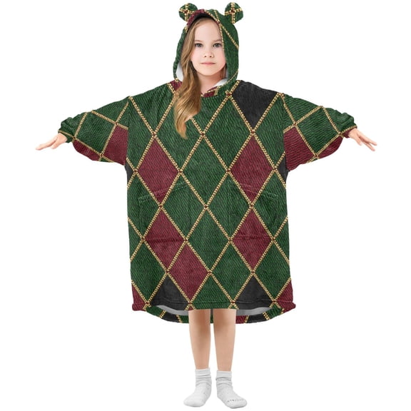 Green Black Red Rhombus Christmas Flannel Wearable Blankets Hooded Design Long Sleeves Wrap Unisex for 3T-14Y L