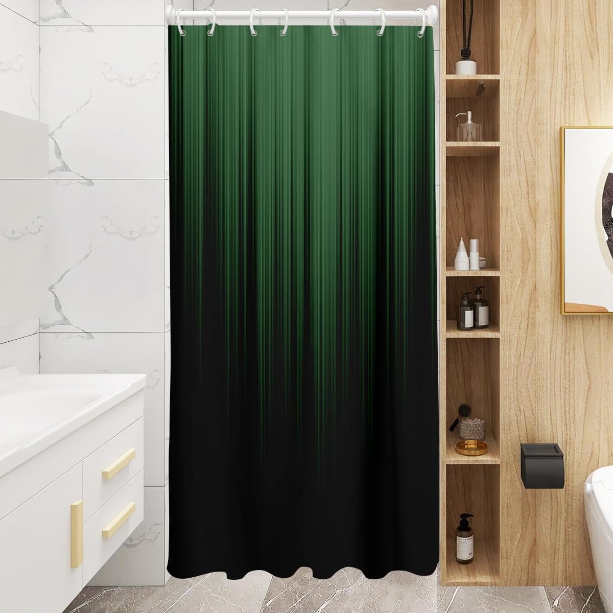 Green Black Shower Curtain Gradient Stall Small Half Narrow Single Walk in Dorm Standing Stand up rv Camper Mini Travel Trailers Home Bathroom Decor Bathtub Set with 7 Hooks, 36x72, Gradient