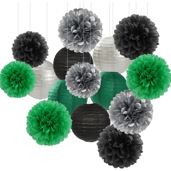 Green-Black Silver Party-Decorations Paper Flowers Lanterns - 15PCS Football Game Day Birthday Tissue Pom Poms Streamers, Bachelorette New Years Hanging Supplies Decor