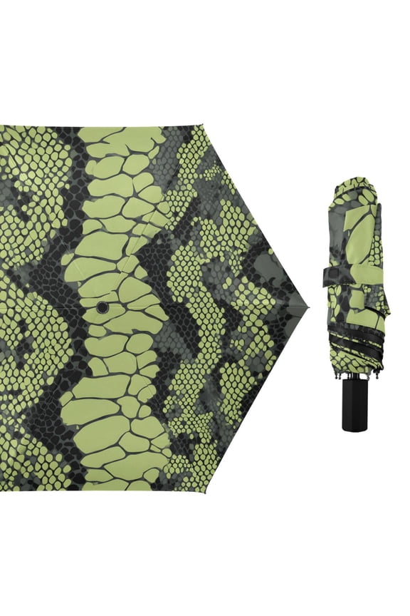 Green Black Snake Skin All Weather Umbrella Triple Folding Parasol 6 Ribs UV Protection Portable