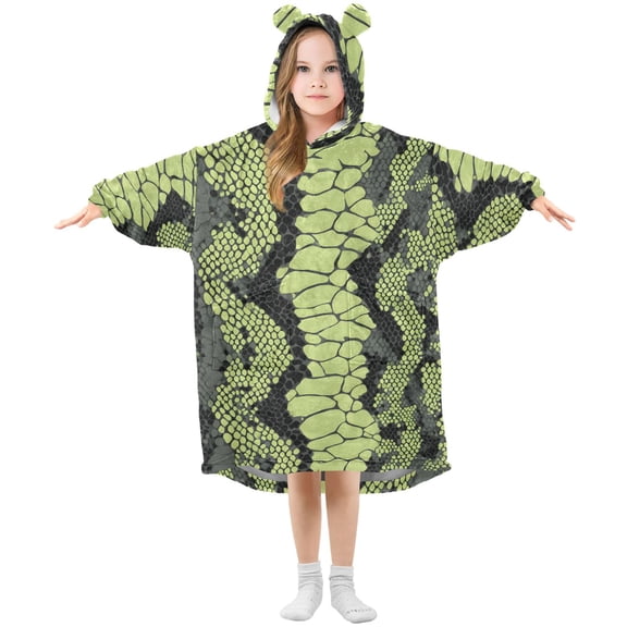 Green Black Snake Skin Flannel Wearable Blankets Hooded Design Long Sleeves Wrap Unisex for 3T-14Y S