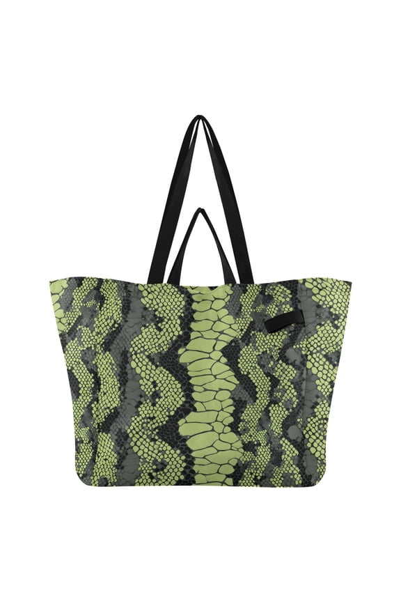 Green Black Snake Skin Foldable Canvas Tote Bags Reusable Grocery Bags Laundry Bags Beach Bag 32L