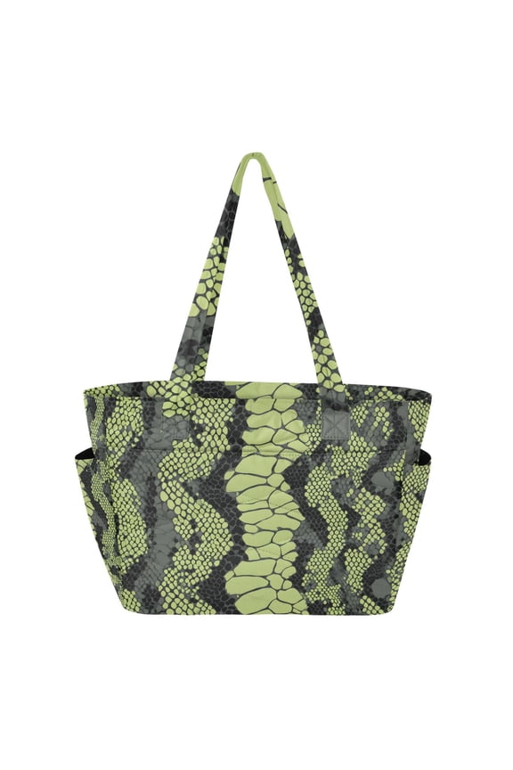 Green Black Snake Skin Women's Quilted Tote HandBag Beach Bag Shoulder Bag with Luggage Strap 18L for Commute Gym Travel